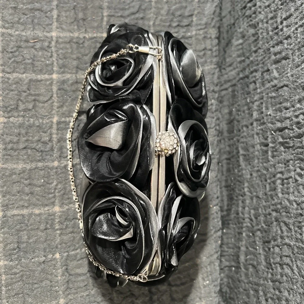 Women Satin Rose Rhinestone Black / Gray Color Handbag Silver tone chain - Picture 10 of 14